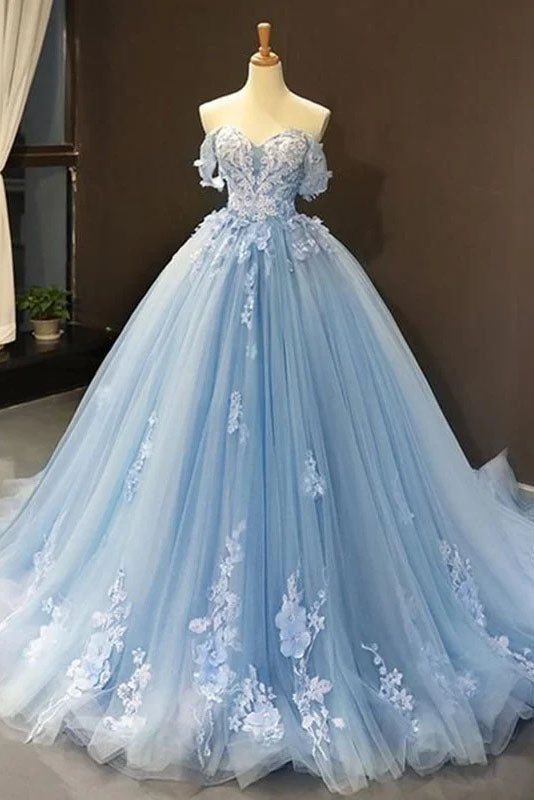Ball Gown Tulle Off-the-Shoulder Sleeveless Appliques Princess Prom Dresses OK1856