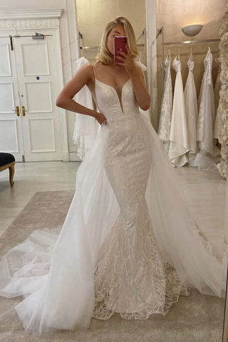 Unique Spaghetti Long Mermaid Sequin lace Wedding Dresses, Bridal Dresses OK1943