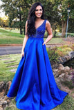 A-Line V-Neck Royal Blue Satin Prom Dresses with Beading Pockets OKJ14