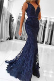 Elegant Prom Dresses,Navy Blue Prom Dress,V Neck Prom Gown,Long Evening Dress,Lace Prom Dress,Mermaid Evening Dress