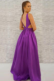 Simple A-Line Deep V-Neck Backless Long Purple Satin Prom Dresses with Pockets OKJ34