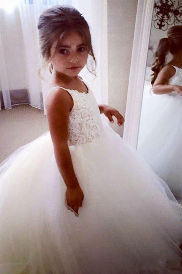 Off White A Line Floor Length Sleeveless Appliques Flower Girl Dress With Lace OKB99