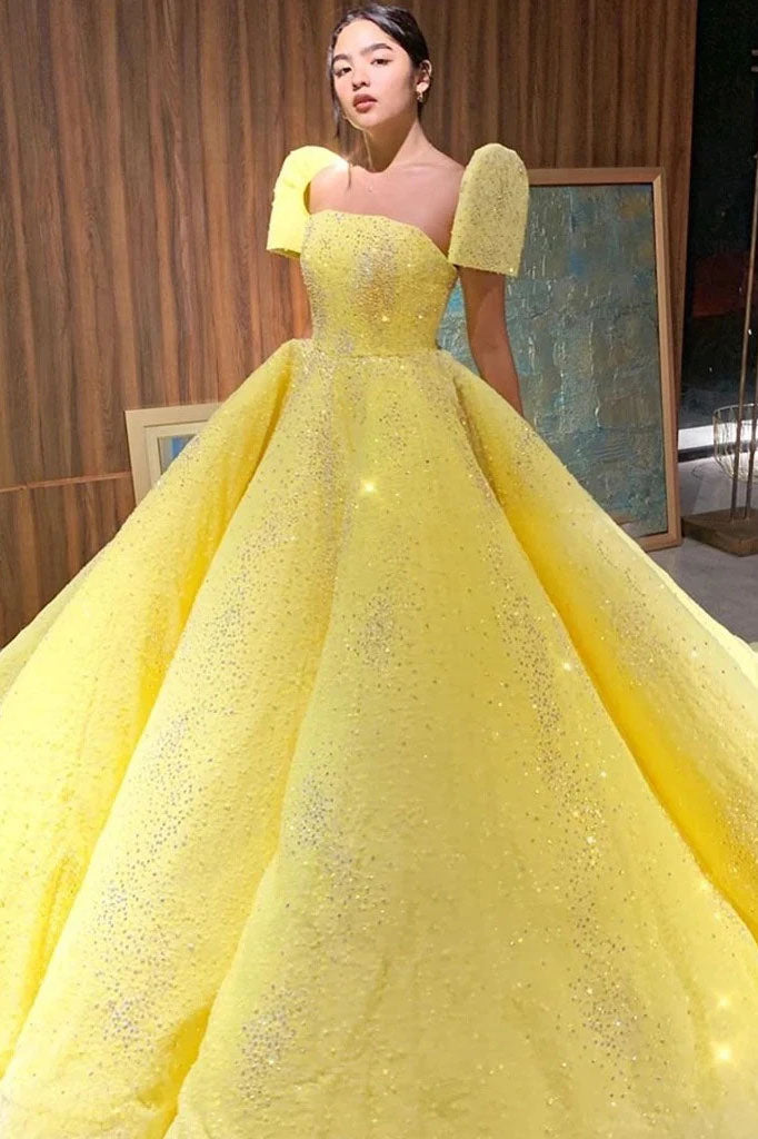 Ball Gown Sparkly Yellow Short Sleeves Prom Dress Evening Dress OKT15