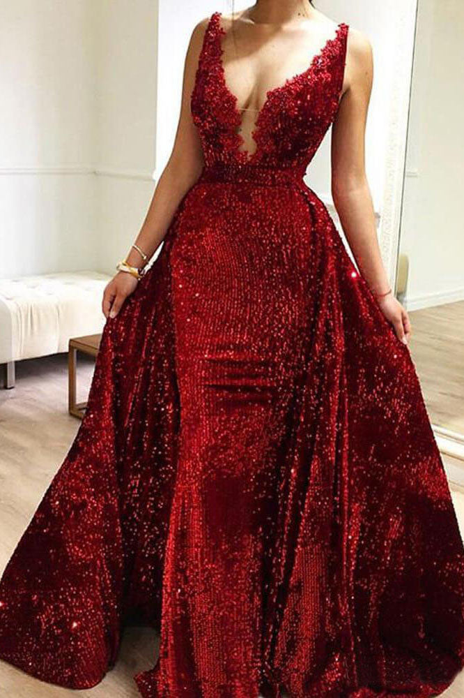 Burgundy Sequins Long V Neck Prom Dress Lace Evening Dresses OKP1