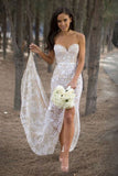 Sexy Sweetheart Asymmetry Lace Long Casual Wedding Dresses with Slit OKB08