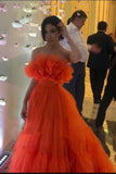 Orange Ruffles Tulle Evening Party Dress Strapless Tiered Long Prom Dress OKW75