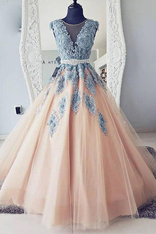 V-neck Blue Lace Ball Gown Long Tulle  Evening Dresses,Cheap Prom Dresses OKG36
