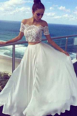 White Two Pieces Off The Shoulder Long Lace Cheap Prom Dress Formal Evening Dress OK588