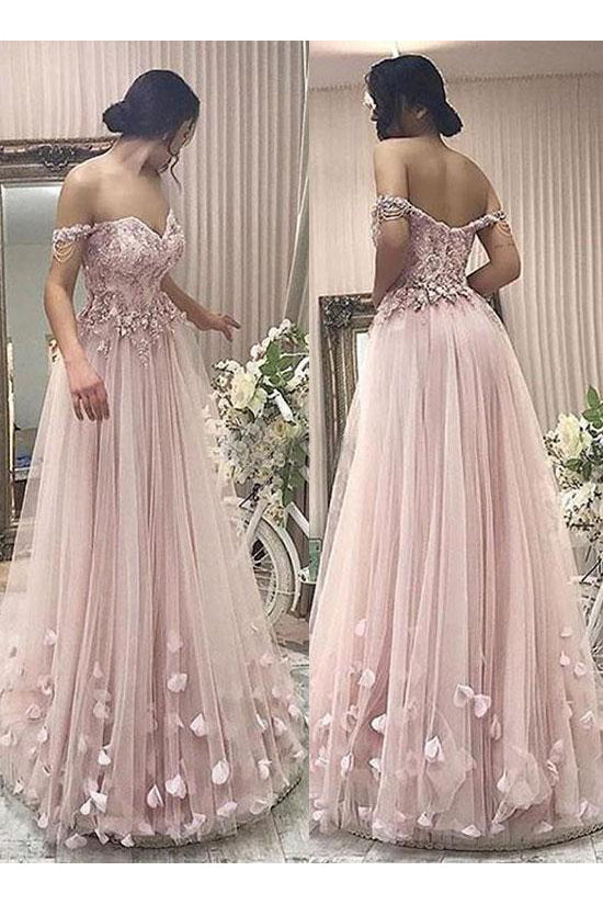 Pink Tulle A Line Off the Shoulder Flowers Long Prom Dresses OK789
