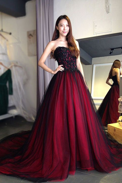 Burgundy Prom Dresses,Tulle Prom Gown,Strapless Prom Dress,Long Prom Dress