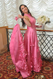 A-line High Neck Pink Flowers Long Prom Dress Cheap Evening Dress OKT12