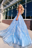 Charming V Neck Lace Sky Blue A-line Spaghetti Straps Prom Dress with Appliques OKW88