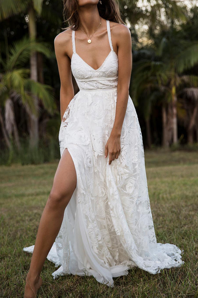 Charming Lace Long A-line Spaghetti Straps Split Ivory Beach Wedding Dresses OK739