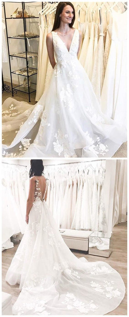 Unique A-Line Deep V-Neck Backless Long Wedding Dress with Appliques OKB61