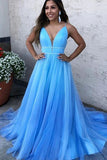 Stunning Tulle Blue A-line V Neck Spaghetti Straps Prom Dress OKU35