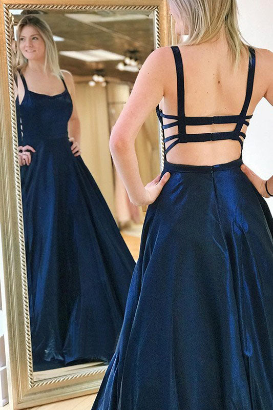 A Line Spaghetti Straps Sweep Train Drak Navy Prom Dresses With Pocktes OKQ56