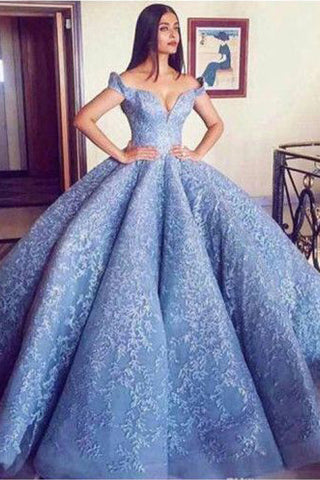 Blue Lace Off-The-Shoulder Ball Gown Quinceanera Dresses,Princess Prom Dress OKC91