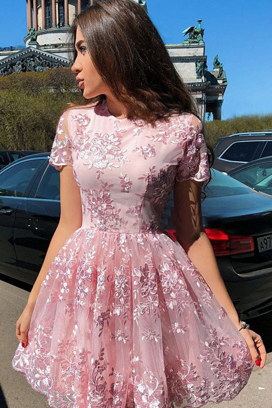 A-Line Short Sleeves Short Pink Homecoming Dresses with Lace Appliques OKM20