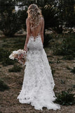 Mermaid Deep V Neck Backless Wedding Dress Tulle Bridal Gown Appliqued Lace OKV55