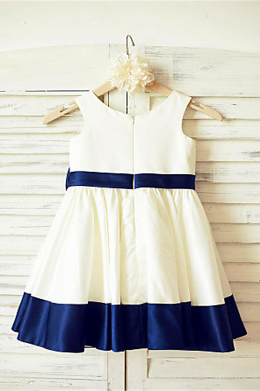 A-line Scoop Sleeveless Bowknot Tea-Length Satin Flower Girl Dress With Blue Sash OK711