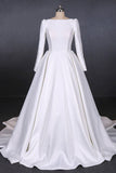 Simple A Line Long Sleeves Satin Wedding Dresses, New Arrival White Long Bridal Gown OKQ13
