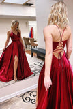 V Neck Burgundy Long Prom Dress With Slit  Formal Evening Dress OKT34
