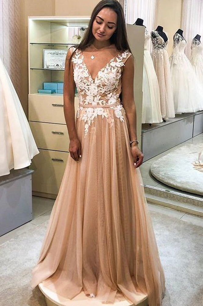 Gorgeous A-line V Neck Tulle Long Prom Dress with White Appliques OKU20