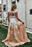 Pretty Two Piece Cap Sleeves A Line Lace Appliques Prom Dress OKG39