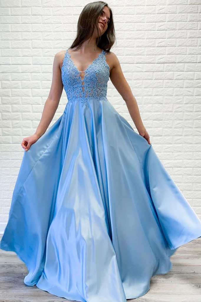A-line V-neck Lace Appliques Long Satin Prom Dress Blue Evening Party Dress OKR67