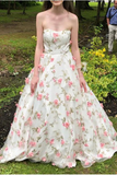 A Line Floral Long Prom Dress Strapless Beautiful Flower Printed Prom Dress OKR43