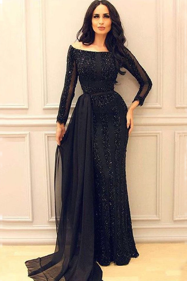 Black Prom Gown,Long Sleeves Prom Dress,Mermaid Prom Gown,Sexy Evening Dresses,Black Evening Dresses,Formal Evening Dress