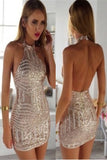 Sexy Mini Halter Sleeveless Backless Tight Rose Gold Homecoming Dresses with Sequins OKA80