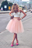 Two Piece Pink Spaghetti-Strap Tulle Sleeveless White Top Homecoming Dress OK294