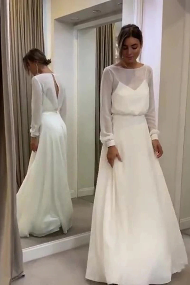 Simple Long Sleeve Wedding Dress A-line Open Back Custom Made Women Chiffon Bridal Gowns OKV53