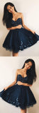 Cheap A-Line Sweetheart Navy Blue Tulle Short Homecoming Dresses with Beading OKC40