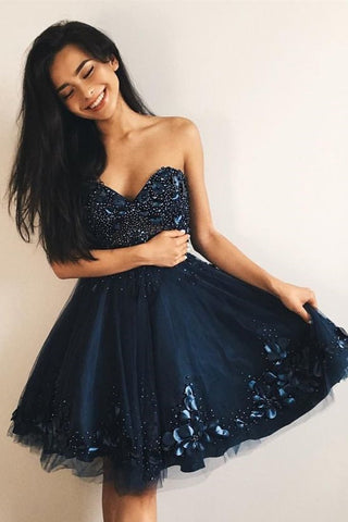 Cheap A-Line Sweetheart Navy Blue Tulle Short Homecoming Dress with Beading OKC40