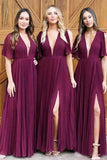 V Neck Short Sleeve Burgundy Long Bridesmaid Dress Side Slit OKO20