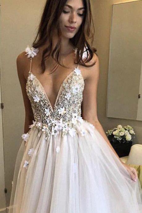 Floral Open Back Deep V-neck Straps Tulle Appliques Prom Dresses Wedding Dress OK180