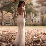 Chic Mermaid Lace Deep V Neck Wedding Dresses Sexy Bridal Gown V Back OKV54