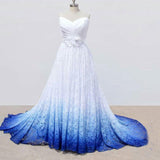 White and Blue Sweetheart Lace Wedding Dresses, Ombre Wedding Dresses with Flowers OKQ69