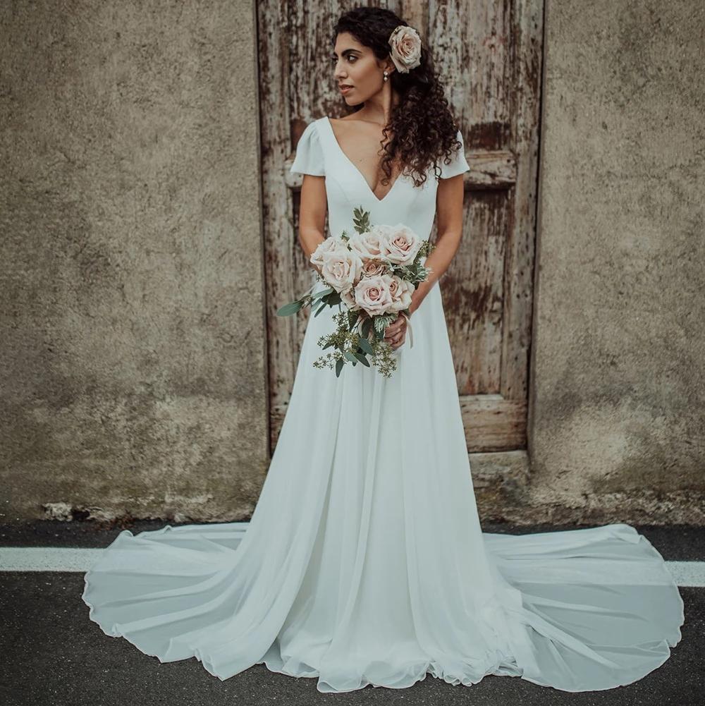 V Neck A-line Short Sleeves Wedding Dress Long Bridal Gowns OKX87
