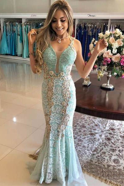 Vintage Mint Lace Mermaid Prom Dress V Neck Elegant Formal Party Dress OKI26