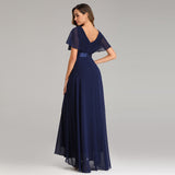 A Line Chiffon Short Sleeves Long V Neck Prom Dress XU90812