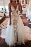 Ivory V Neck Tulle Wedding Dress Lace Applique Bridal Gown OK1118