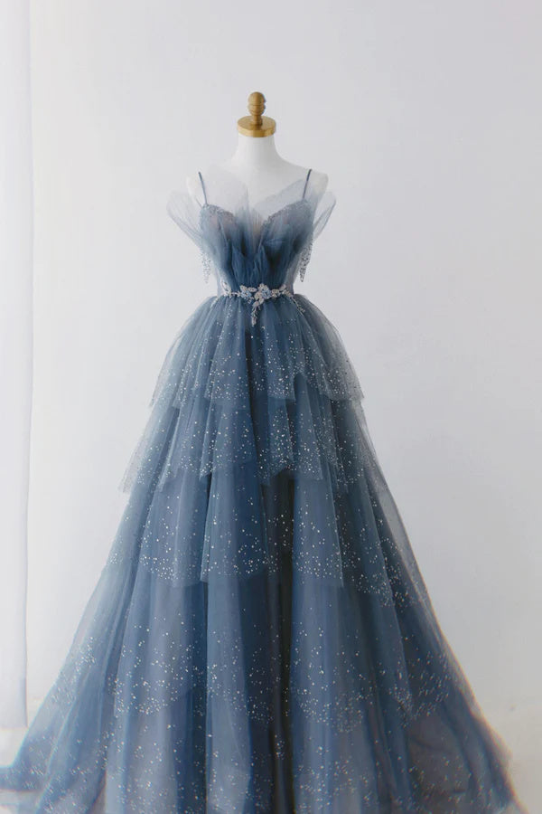 Dusty Blue Sparkly Tulle Beaded Prom Dress, Tiered Formal Gown With Rhinestone OK1932