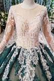 Green Long Sleeves Ball Gown Lace Prom Dresses with Appliques, Long Prom Gown OKP51