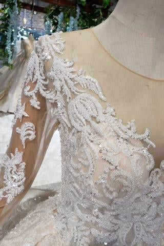 Princess Long Sleeves Ball Gown Lace Wedding Dress, Long Bridal Dress OKN43
