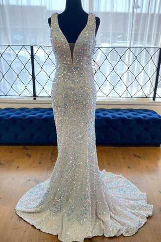 White Sequined Deep V Neck Sleeveless Glitter Prom Dress, Mermaid Formal Evening Gown OK1669