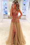 A Line Tulle Floral Appliques V-Neck Long Prom/Evening Dresses With Slit OK125