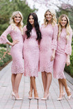 Sheath Bridesmaid Dress,Pink Bridesmaid Dresses,Long Sleeves Bridesmaid Dress,Lace Bridesmaid Dresses,Short Bridesmaid Dress